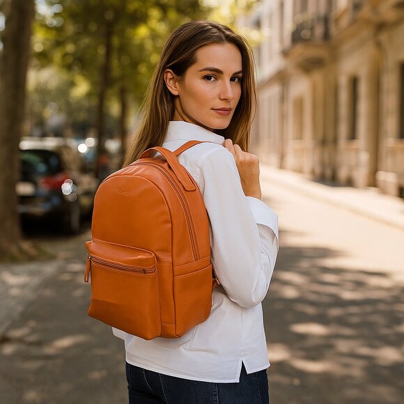 Genuine Leather Backpack |16" H Orange Travel Backpack for Women & Men Daily Use - Picture 3 of 10
